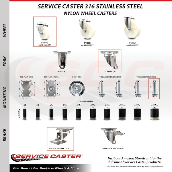 Service Caster 3 Inch 316SS Nylon Wheel Swivel 12mm Threaded Stem Caster with Brake SCC SCC-SS316TS20S314-NYS-TLB-M1215 - main